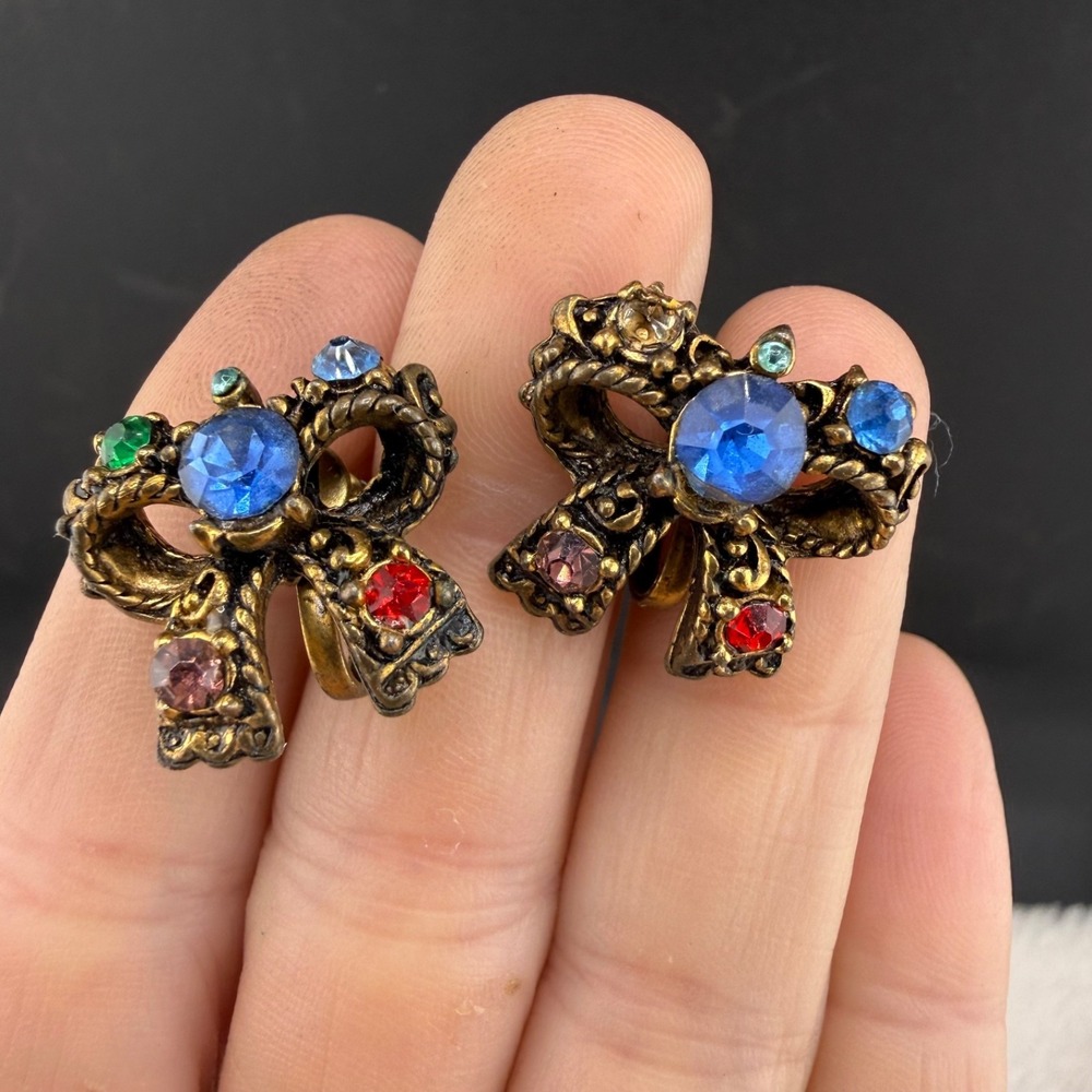 Vintage Estate Bow Earrings Gold Tone Rhinestone Art Deco Screw Back Multicolor